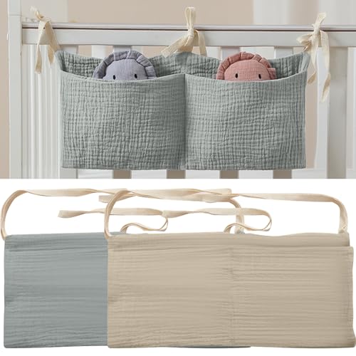 ZOCONE 2 Stücke Babybett Organizer Hängend, 2-in-1 Baby Kinderzimmer Organizer Aufhängen Babybett Verstellbarer Organizer für Windeln Kleidung Spielzeug Hängeorganizer Babybetttasche(Bohnengrün+Khaki)