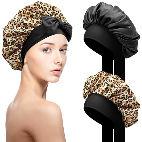 2 Stück Seidenhaube zum Schlafen Schlafhaube Haare Schützen, Satin Haarhaube mit elastischem Band, Weiche Nachtmütze für Lockiges Haar, Sleep Cap Satin Bonnet für Damen