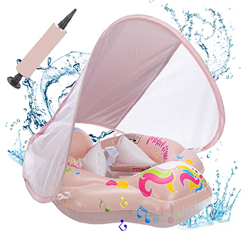 Baby-Schwimmflosse Enhanced Version mit abnehmbarem sonnendach,Schwimmhilfe verstellbare Schultergurte,Schwimmtrainer,mit aufblasbarer Swimming Float für ab 3-36 Monate. (Rosa)