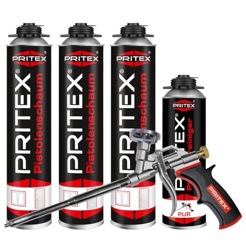 PRITEX – Bauschaum Set 3 x 750 ml Pistolenschaum inkl. Pistolenreiniger 500 ml und Schaumpistole – Montageschaum zum Verfüllen, Dämmen & Abdichten – PU-Schaum mit hervorragender Schall- & Wärmedämmung