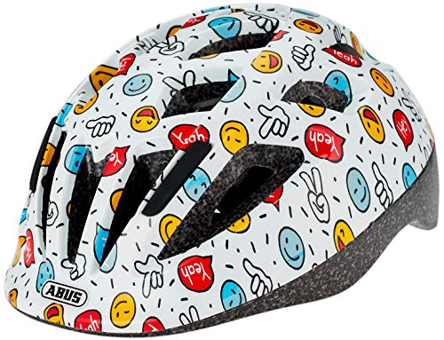 ABUS Kinderhelm Smooty 2.0 - Robuster Fahrradhelm für Kleinkinder im Beifahrersitz - für Mädchen und Jungen - Weiß mit Smileys, Größe S