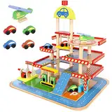 KRUZZEL Parkhaus für Kinder 3-Ebene Auto Garage aus Holz für Kinder über 3 Jahren - Set enthält 4 Autos, Hubschrauber - Parkgarage für Kinder Garage - Rollenspielzeug 22446