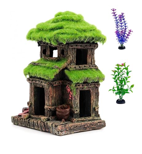 YZHZOM Fischhaus für Aquarium, Aquarium Haus Dekoration,Aquarium Garnelen versteck, Fischversteck mit lebensechtem Moos,Fischhaus Aquarium deko, kommt mit 2 Stück 10 cm künstliche Aquariumpflanzen