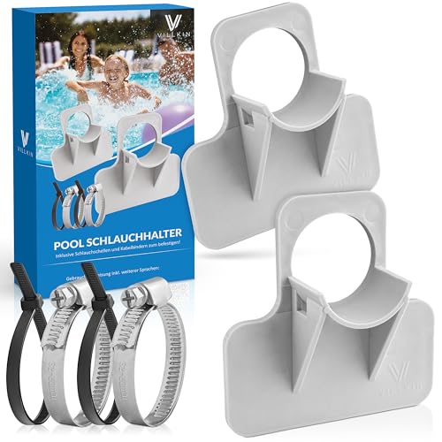 Villkin Pool Schlauchhalter (2 Stück) - 26-38mm - inkl Schlauchschellen mit Knickschutz für Pools (Grau)
