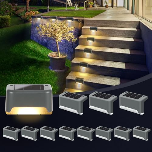 GIGALUMI Solarlampen für außen, 12 Stück Treppenleuchtung, Solar Zaunlichter, Gartenleuchten, wasserdicht Solarleuchten für Balkon, Treppen, Terrassen, Zaun, Hof, Patio (Grau, Warmweiß)