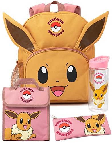 Pokemon Eevee 4-teiliges Rucksack-Set | Animierte Figur 3D-Ohren Rosa Rucksack Lunchtasche Federmäppchen Wasserflasche | Spiel Back to School Bag Geschenke