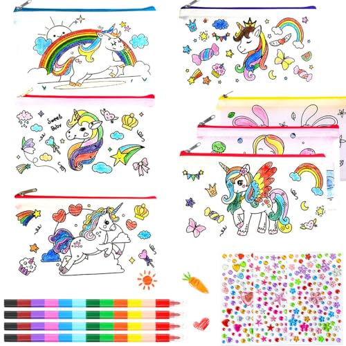 QIMMU Einhorn Federmäppchen zum Bemalen, 8 Stück Taschen zum Bemalen für Kinder,Beutel zum Bemalen mit Wachsmalstifte Stapelbar Glitzersteine, Mitbringsel Kindergeburtstag Gastgeschenke (A)