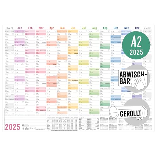 Häfft® abwischbarer Wandkalender 2025 A2 gerollt, 59,4 x 42 cm "Rainbow" 14 Monate: Dez 2024 - Jan 2026, Wandplaner mit Feiertags- und Ferien-Übersicht - nachhaltig & klimafreundlich