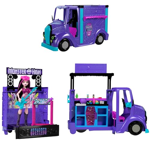 Monster High Draculaura-Puppe und Spielset, Fangtastic Food-Truck mit ausklappbarer Bühne und über 13 passenden Küchen- und Musikzubehörteilen, HXH83