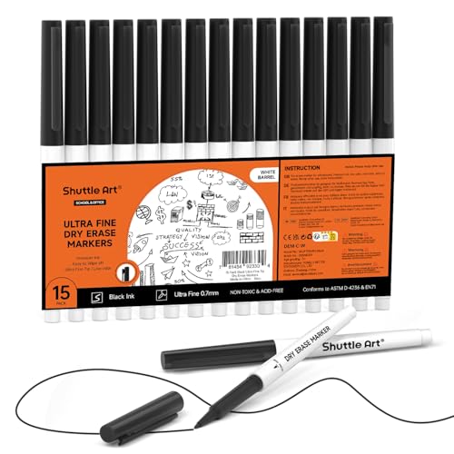 Shuttle Art Whiteboard Stifte, 15 Stück schwarze mit 0,7 mm ultrafeine Spitze, ungiftig, whiteboard stifte abwischbar, Schreiben auf Weißwand, Planer für Schule, Büro, Zuhause