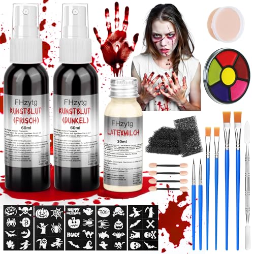FHzytg Kunstblut Halloween 25 Stück Halloween Schminke Set, Auswaschbar Blutspray, Kunstblut Gel, Narbenwachs für Halloween Latexmilch für Zombie Vampir Schminke, Fake Blood Wunden Gruselige Make-Up