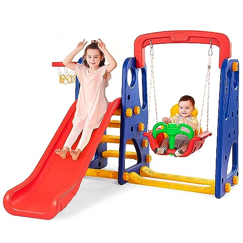 COSTWAY 3 in 1 Kinder Spielplatz, Kinder Rutsche & Schaukel & Basketballkorb für Kinder von 3-8 Jahren, Schaukelgerüst, Kinderschaukel, Kinderrutsche für Outdoor und Indoor