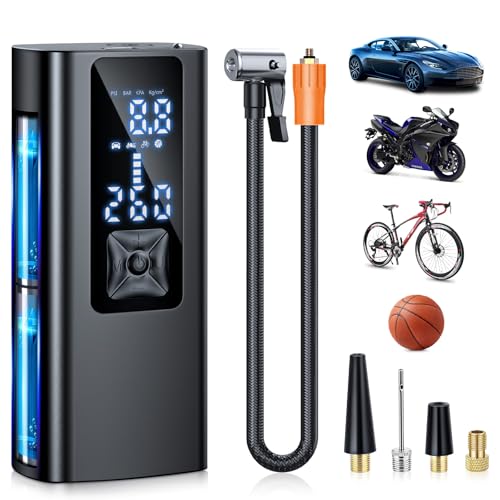 Suafsu Elektrische Luftpumpe Fahrrad Akku Kompressor - 150 PSI Mini Tragbare Fahrradpumpe Luftkompressor Für Auto,Motorrad,Fahrrad,Bälle,über USB-C wiederaufladbar, Als Taschenlampe und Powerbank