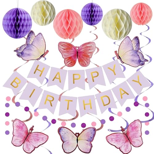 Lila Schmetterlings Geburtstagdeko, Lila Happy Birthday Party Deko Mädchen Frau mit Happy Birthday Girlande Wabenbälle Schmetterlinge Hängende Wirbel, Wiederverwendbare Schmetterling Geburtstagsdeko