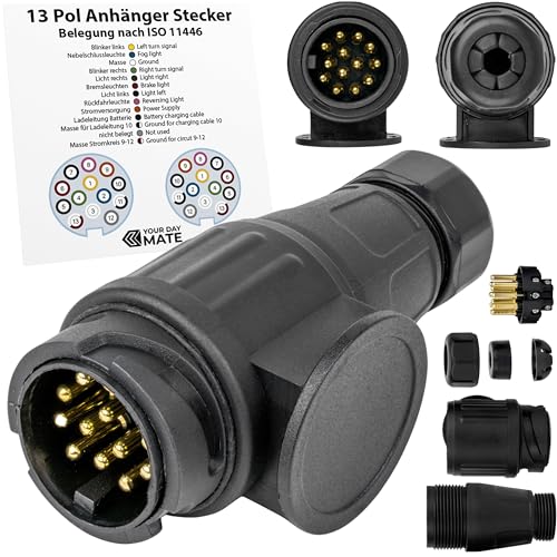 13 poliger Anhänger Stecker, 1 Pack, 13pin Stecker nach ISO 11446 genormt, AHK Verbinder 12V System, 13 Pin Hänger Adapter mit Doppel-Dichtung, 13pol Anhängerstecker für 13 pol Steckdose, 7-13 Adapter