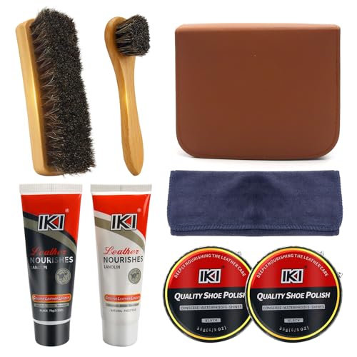 IKI Premium Lederschuhpflegeset - Farbloses & Schwarzes Schuhcreme Lanolin, 2 Rosshaarbürsten, Flanell- & Hochfasertücher - Komplette Schuhpolierlösung (1.6, Pfund)…