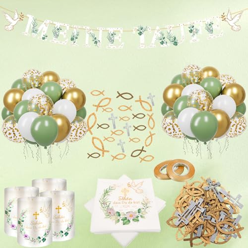 Tauf Deko Junge Mädchen Dekotaufe,Taufe Dekoration, Taufdeko Set, Meine Taufe Girlande, Tauf Luftballons Servietten Taufdeko und mehr,Ideal für Jungen und Mädchen mit Spruch Schön dass Du da bist