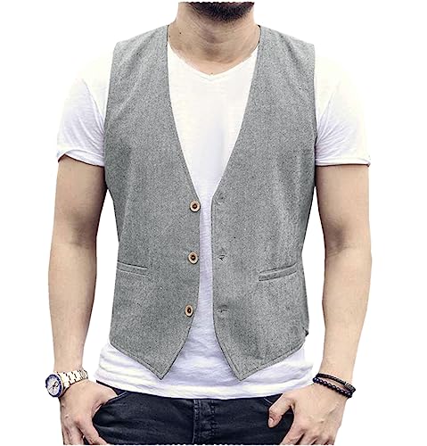 AeoTeokey Herren Sommer Leinenweste Anzug Weste Casual Weste Regular Fit(Hellgrau,4XL)
