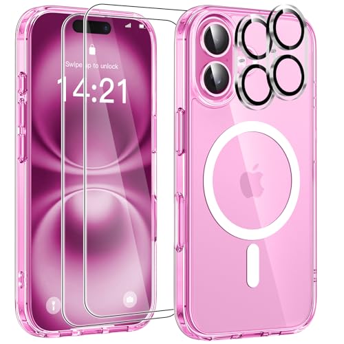 YisrLery 5-in-1 Kompatibel mit iPhone 16 Hülle für Mag Safe mit 2 Stück Schutzfolie und 2 Stück Kameraschutz Militärnorm Schutz, PC Kratzresistente Rückseite Stoßfest Magnetische Hülle 6.1- Klar