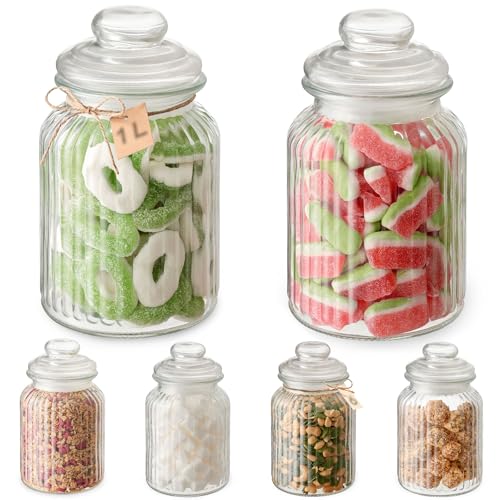 Praknu Bonbonglas mit Deckel & Etiketten - 1L - 6 Vintage Vorratsgläser für Candy Bar, Hochzeit, Party & Küche - Spülmaschinenfest - Für Kekse, Schokolade & Süßigkeiten