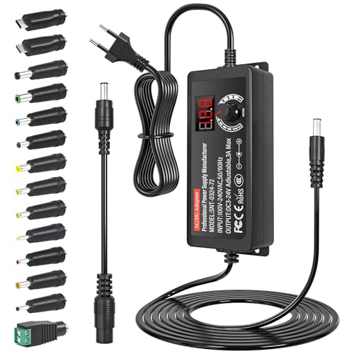 RWSRW 3V-24V Universal Netzteil 3A 72W Einstellbares Netzteil 100-240V AC zu DC Transformator Konverter mit Digitalanzeige und 14 Tipps für Haushaltselektronik, DC Motor, 3A Max