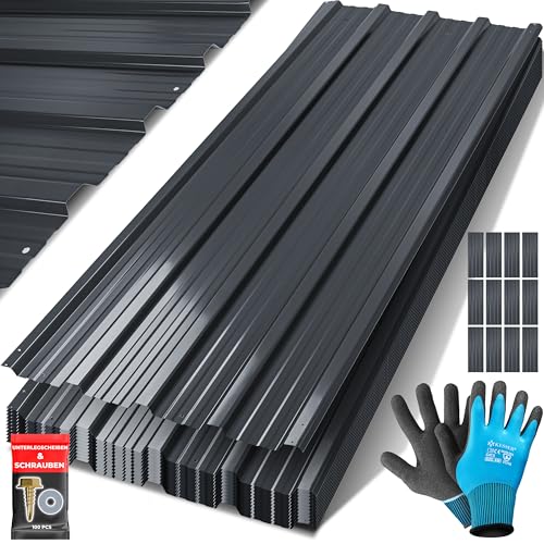 KESSER® 12x Profilblech Trapezblech 129cm x 45cm = 7 m² - Dachblech für Gerätehaus, Dachplatten Verzinkter Stahl 0,25mm, inkl. 100 Schrauben + Unterlegescheiben & Montagehandschuhe, Anthrazit