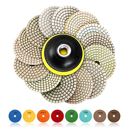 SPTA 15pcs Diamant nass Polierscheiben Set, 4-Zoll-Pads für Granit Stein Beton Marmor Bodenschleifer oder Polierer, 50# -6000# mit Haken & Loop Backing Halter Disc