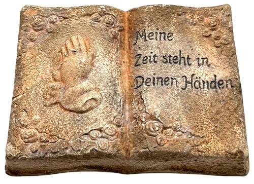 Bambelaa! Grabschmuck Deko Trauerartikel Betende Hände auf Buch Meine Zeit In Deinen Händen Ton Ca. 20 x 15 x 4 cm Wetterfest - Grabdeko Grabmale Grabstein Grabbuch Grabartikel Stein Mit Gravur