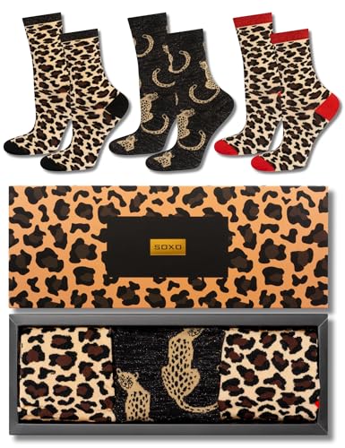 soxo Leopard Socken Damen Tiermuster Geschenke Für Frauen Lustige Geschenk Bunte Damensocken Animalprint Socks Box 35-40 Braun 3 Paar