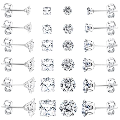Dochais 12 Paar Ohrringe Männer,Ohrringe Herren Silber,Medizinische Ohrstecker,316L Chirurgenstahl Ohrstecker, Hypoallergene Edelstahl Ohrringe Set,Zirkonia Ohrstecker für Herren Damen Unisex