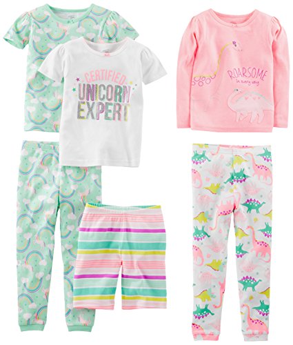Simple Joys by Carter's Mädchen 6-Piece Snug Fit Cotton Pajama Set Pyjamaset, Minzgrün Regenbogen/Rosa/Weiß Dinosaurier/Einhorn/Streifen, 24 Monate (3er Pack)