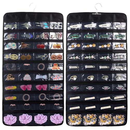 JSMTKJ Hängende Schmuck Organizer Faltbarer Schmuckständer Schmuck-Organize Doppelseitig 80 Taschen Transparente Aufbewahrungstasche für Frauen und Mädchen