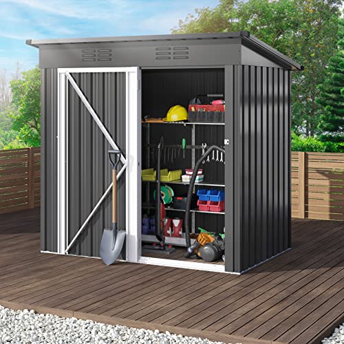 YITAHOME Gartenhaus mit Lüftungsschlitzen, abschließbar, verzinktes Metall, Outdoor-Schuppen, wasserdicht, für Fahrrad, Werkzeug, Rasenmäher, Dunkelgrau, 139 x 86 x 181 cm, 5 Stück