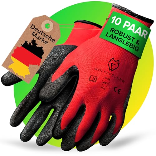 WOLFSFELLER 10 Paar robuste & komfortable Handschuhe Arbeitshandschuhe Herren Gr 11 - Arbeitshandschuhe Damen - Gartenhandschuhe Herren - Mechaniker Handschuhe Herren mit robuster Latex Beschichtung