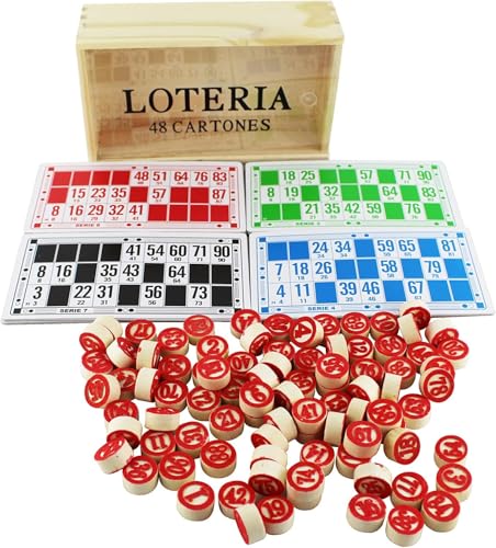 BLUECHOLON Bingo-Spiel Traditionelle Lotterie, 48 Karten, 90 2-seitige nummerierte Spielsteine, Holzbox zur Aufbewahrung.