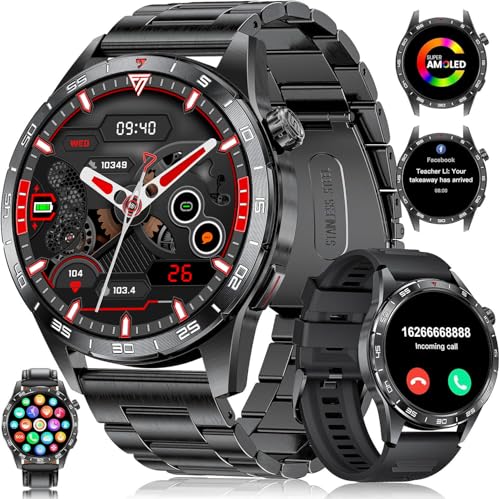 LIGE Smartwatch Herren mit 400mAh Lange Akkulaufzeit für Android iOS,1.43'' Amoled Display,110+ Sportmodi,Bluetooth-Anrufe,IP68 Wasserdicht Fitnessuhr mit Herzfrequenz, SpO2, Schlafmonitor,3 Armbänder