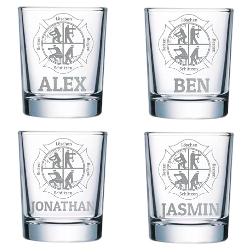 elbedruck 4er Set Schnapsgläser 40ml mit persönlicher Gravur für Feuerwehr | Wunschtext Gravur | Shotgläser (Bergen Schützen Retten Löschen)