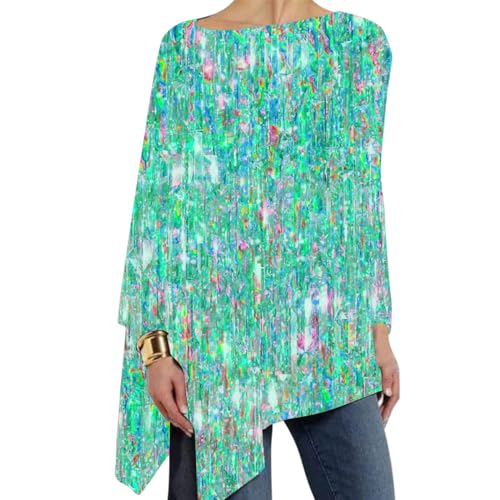 Pailletten Oberteil Damen Rundhalsausschnitt Elegante Oberteile Glitzer Top Festliche Bluse Sexy Für Disco Sommer Große Größen Tunika Lässig Langarmshirt Blusen & Tuniken Für Damen Pullover S-5Xl