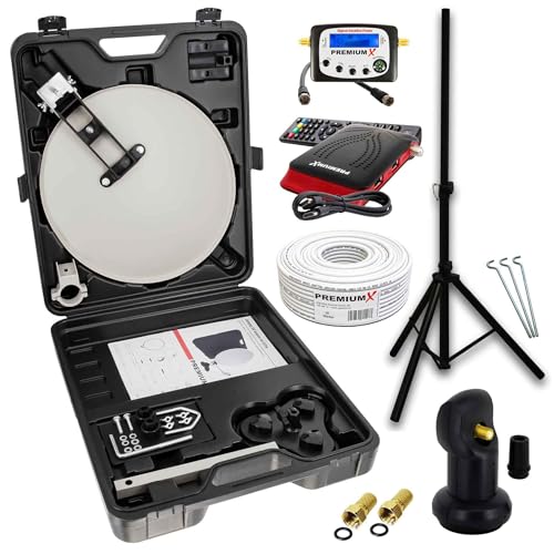 PremiumX Mobile Camping SAT Anlage Satellitenschüssel TV Receiver Satelliten-Finder Single LNB 10m Kabel Koffer Camp Stativ