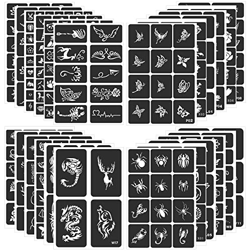 FANOST 24 Blatt Tattoo Schablonen für Kinder/Erwachsene, Henna Tattoo Schablonen Set (400 Tattoo-Designs), wiederverwendbare Tattoo Vorlagen Schablonen, Henna Schablonen für Gesicht Hand Fuß Finger