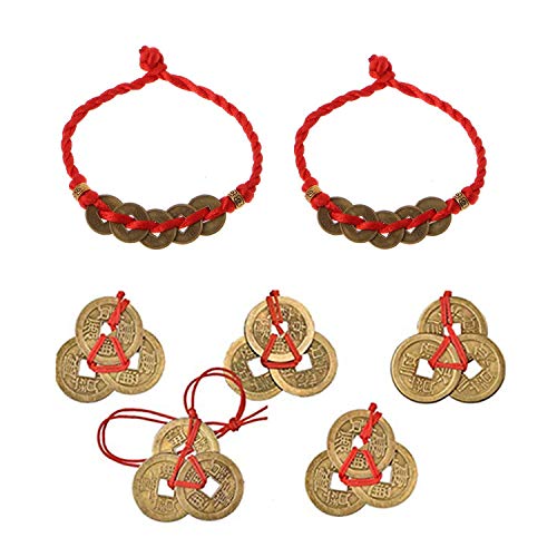 PPX 7 Stücke Chinesische Glücksmünzen Chinesischen Knoten Feng Shui Münzen Souvenir I-Ching Münzen Traditionelle Münzen mit Roten Schnur für Reichtum und Erfolg Viel Glück und Gesund