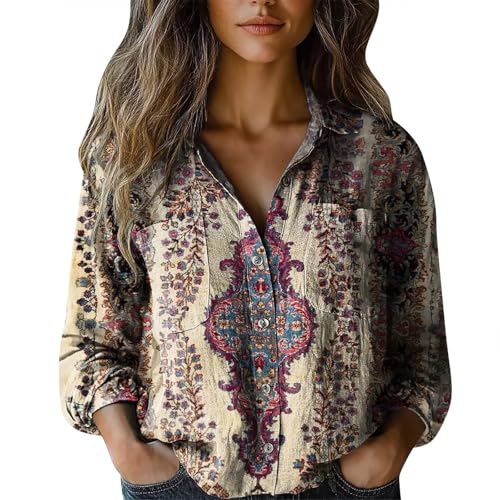 Warehouse Deals Angebote，Blusen Tuniken für Damen Leinen Retro-Muster Langarmshirt Casual Oberteile Locker Top Elegante Blusenshirt Lang Tunika Basic Shirt Vintage Longbluse V Ausschnitt Freizeithemd