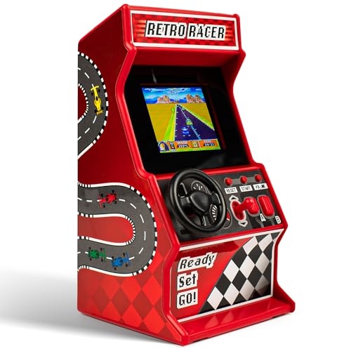 Mini-Arcade-Rennmaschine, 30 integrierte 8-Bit-Rennspiele, Auto-, Fahrrad-, Boots- und Skispiele, 2,4-Zoll-Vollfarbbildschirm, Lenkrad, Schalthebel, 2 Tasten, ThumbsUp!