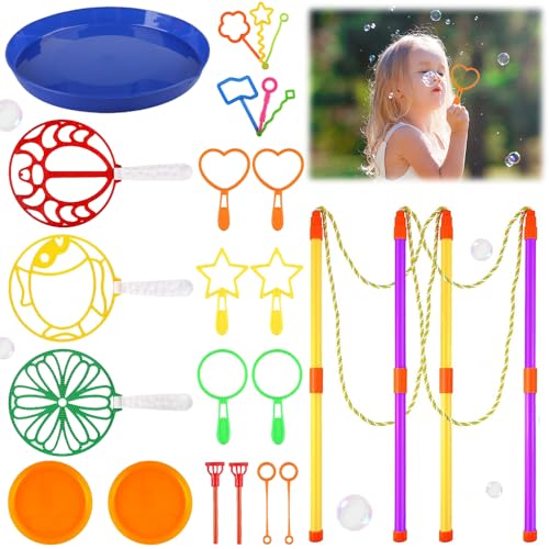 24 PCS Seifenblasen Set für Kinder, Große Seifenblasenstäbe, Seifenblasen Blase mit Tablett und 2 Seifenblasen Stab Groß, Zauberstab Einstellen Seifenblasen für Indoor und Outdoor Bubble Maker Spiele
