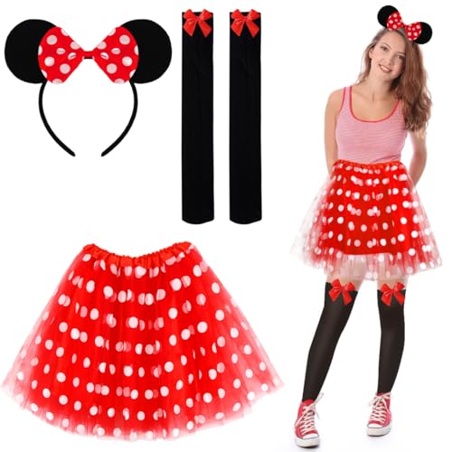 Sprinlot Damen Mouse Kostüm, Rote Tutu mit weiß Gepunktet, Tüllrock mit Maus Ohren Haarreifen, Rote Schleife Ohren Overknee Strümpfe Accessoire für Fasching Karneval Halloween Cosplay Party C6-New