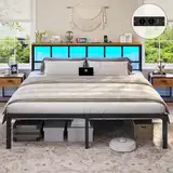 Brinlawb Bett 180x200 mit Lattenrost aus Metall, Bettgestell 180x200cm mit LED Beleuchtung, Ladestation (2 AC-Steckdosen,2 USB-Anschlüsse) Metallbett 180x200 cm mit Kopfteil und Stauraum Doppelbett
