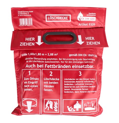 Löschdecke 1,60 x 1,80 m in Tasche zum Aufhängen mit Grifftaschen zur sicheren Handhabung