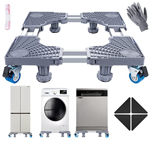 ilauke Waschmaschine Sockel Untergestell mit 4 feststellbaren Rollen und Maßband+Handschuhe+Anleitung Verstellbare Sockel für Waschwaschine,Kühlschrank und Trockner （45-68CM）