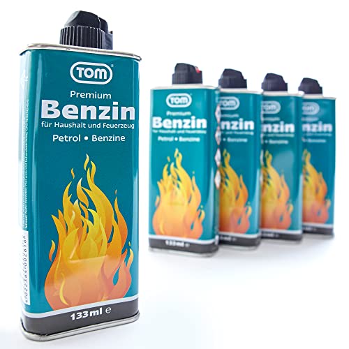 TOM 5 x Feuerzeugbenzin 133 ml Benzin Flasche im Set zum nachfüllen für Feuerzeuge, Handwärmer und Benzinkocher oder als Waschbenzin – Feuerzeug-Benzin
