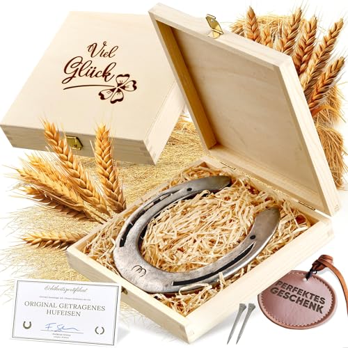 Hufeisen Geschenk in Holzbox | Echtes getragenes Hufeisen | Glücksbringer zum Geburtstag, Einzug, Richtfest, zur Hochzeit, Taufe oder Geburt | Inklusive Echtheitszertifikat